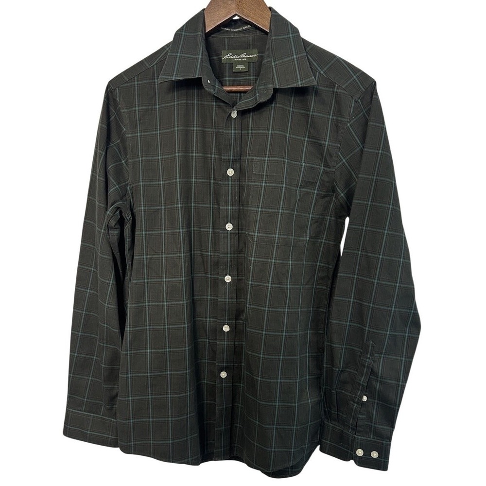 Eddie Bauer‎ Men Size Small Plaid Button Down Green Flannel Collar Shirt Formal